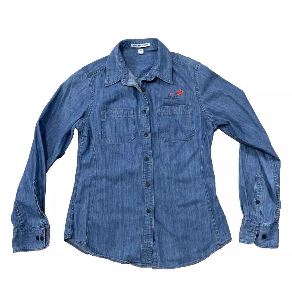 PORT AUTHORITY Denim Shirt Womens M Blue Rose Button Front Long Sleeve Collared